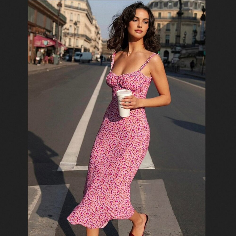 Commense Pink Floral Midi Dress